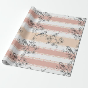 Papel De Presente Elegante Floral de Ave com Listras de Pêssego (3)