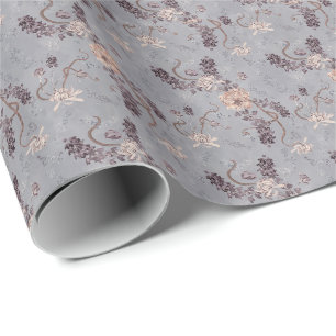 Papel De Presente Elegante Floral de Crisântemo Prateado Cinza Nupci