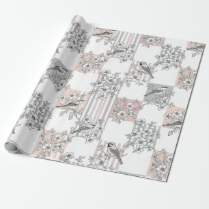 Papel De Presente Elegante Floral de Listra de Pêssego Pássaro (6)