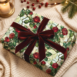 Papel De Presente Elegante Floral de Vidro Colorido Vermelho e Verde