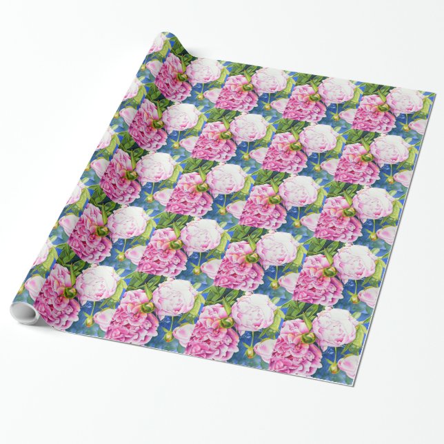 Papel De Presente Elegante floral em aquarela rosa e branco clássico (Desenrolado)