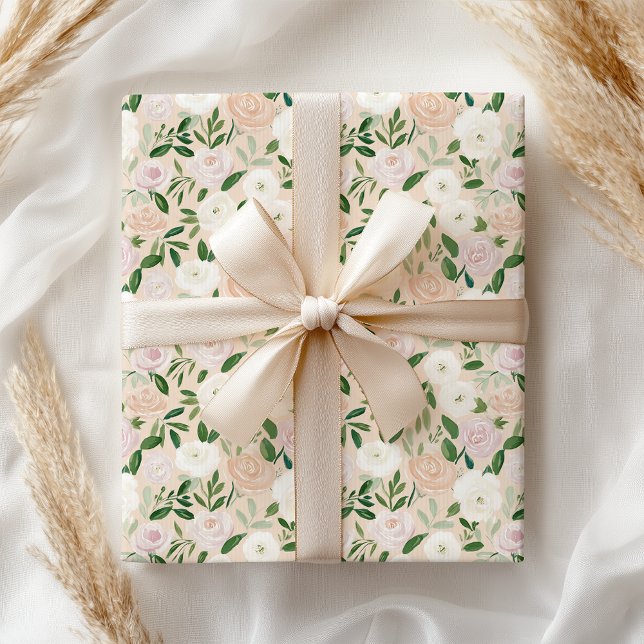 Papel De Presente Elegante Floral Rosa Bege Verde Pastel (Criador carregado)