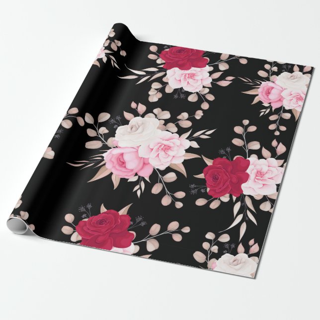 Papel De Presente elegante floral rosa vermelho (Desenrolado)