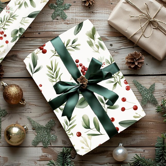 Papel De Presente Elegante Folhagem de Natal & Frutas Vermelhas Feri (Elegant Christmas Greenery & Red Berries Holiday Wrapping Paper)