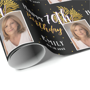 Papel De Presente Elegante Folhagem Preto Ouro Aniversário de 70 Ano