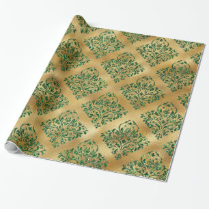 Papel De Presente Elegante Glam Dourado Brilhante Verde Damasco Spar