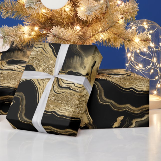 Papel De Presente Elegante Glitter de Ágata Preto e Dourado de Anive (Feriados)