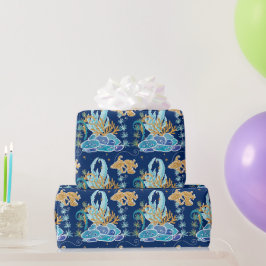Papel De Presente Elegante Glitter Dourado Azul Sob o Mar