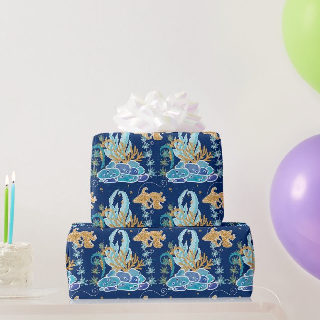 Papel De Presente Elegante Glitter Dourado Azul Sob o Mar (Presentes para festas)