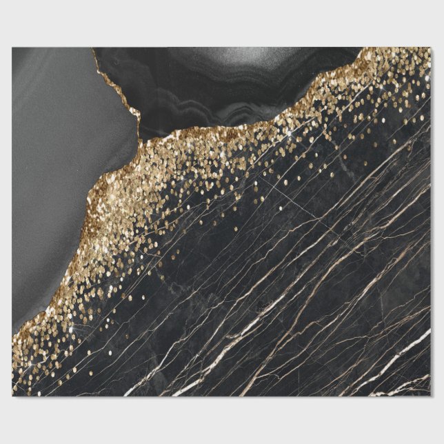 Papel De Presente Elegante Glitter Dourado Sequins Mármore Preto  (Aberto)