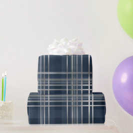 Papel De Presente Elegante Grade Naval Prateado Padrão Xadrez Slate