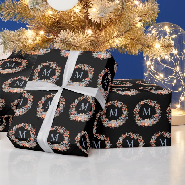 Papel De Presente Elegante Grinalda de Monograma Preto Chic Natal (Feriados)