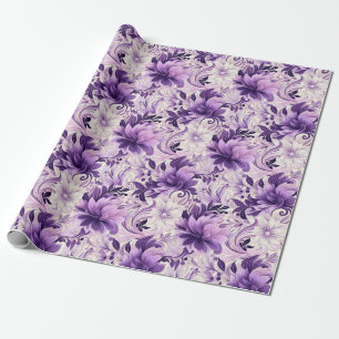 Papel De Presente Elegante Harmonia: Flores Violetas e Brancas