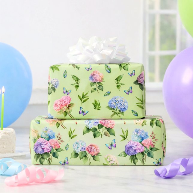 Papel De Presente Elegante Hidrangea Floral Borboleta Verde Presente (Criador carregado)