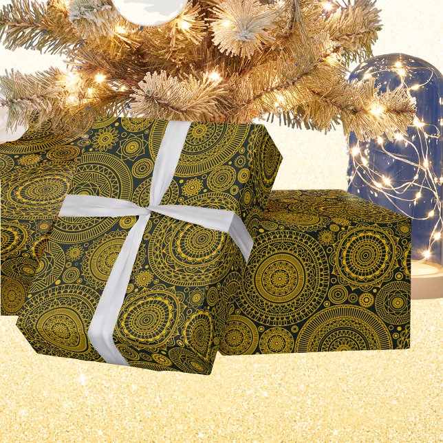 Papel De Presente Elegante hindu mandala padrão dourado verde (Criador carregado)
