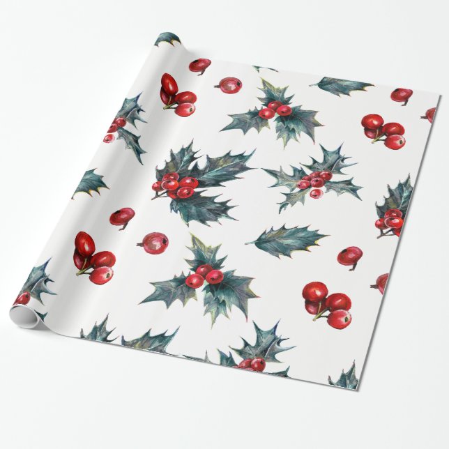 Papel De Presente Elegante Holly Berry Holiday Rustic (Desenrolado)