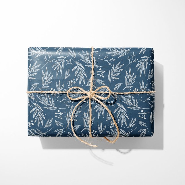 Papel De Presente Elegante Holly & Berry Stems Blue (Criador carregado)