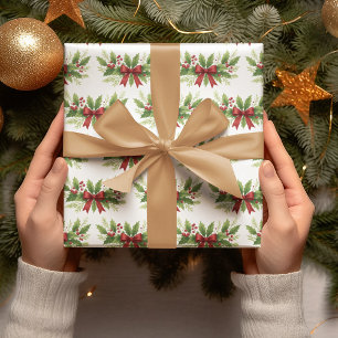 Papel De Presente Elegante Holly e Arco Vermelho Natal -