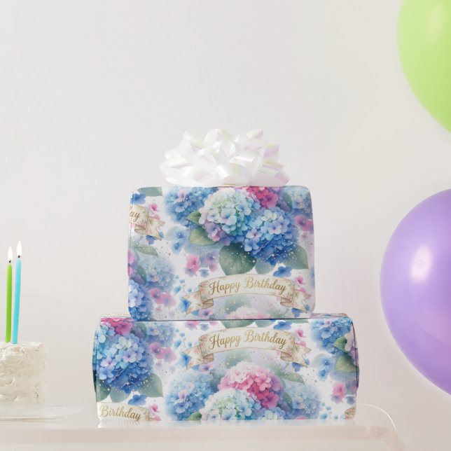 Papel De Presente Elegante Hydrangea Floral de Aniversário  (Presentes para festas)