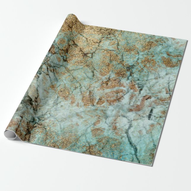 Papel De Presente Elegante Jade e Faux Dourada Glitter Marble (Desenrolado)