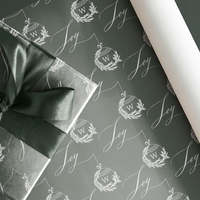 Papel De Presente Elegante Joy Calliografia Garland Wreath Monograma (Elegant Joy Calligraphy Garland Wreath Monogram Wrapping Paper)