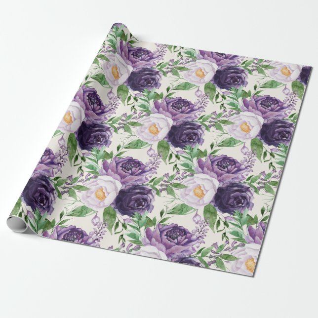 Papel De Presente Elegante Lavanda Roxo Verde Floral Botânico (Desenrolado)