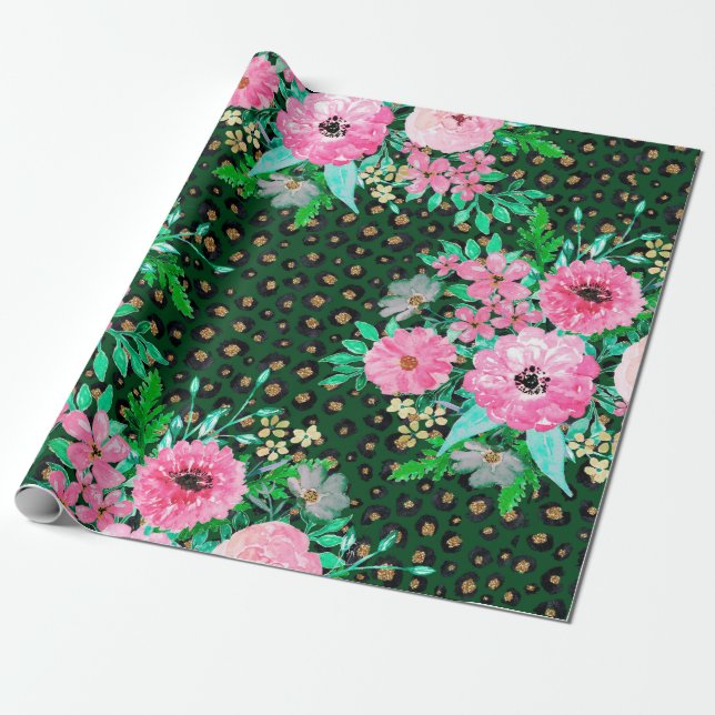 Papel De Presente Elegante Leopardo Imprime Design verde-rosa-rosa (Desenrolado)