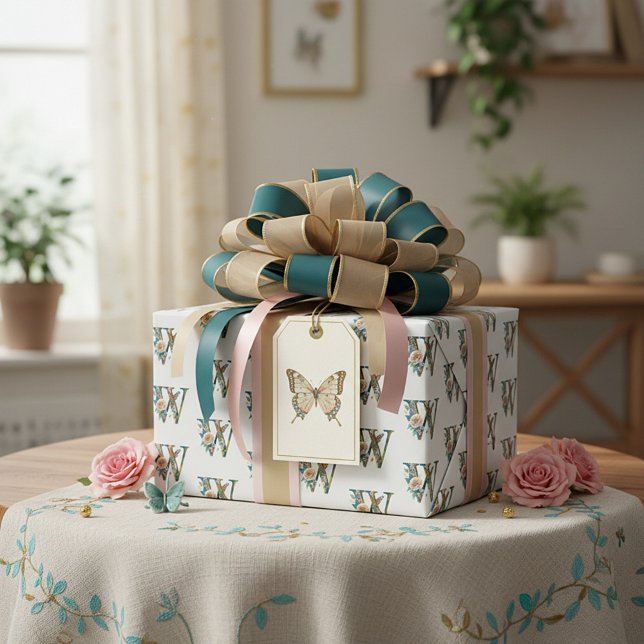 Papel De Presente Elegante letra floral boêmia W (Criador carregado)