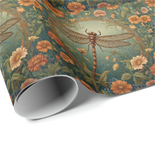 Papel De Presente Elegante Libélula Verde da Primavera em Art Nouvea
