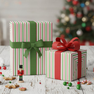 Papel De Presente Elegante Listra de Bengala Verde e Vermelha