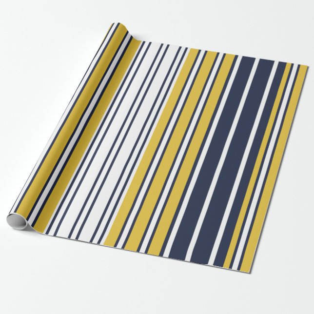 Papel De Presente Elegante, listras, azul marinho, amarelo mostarda, (Desenrolado)