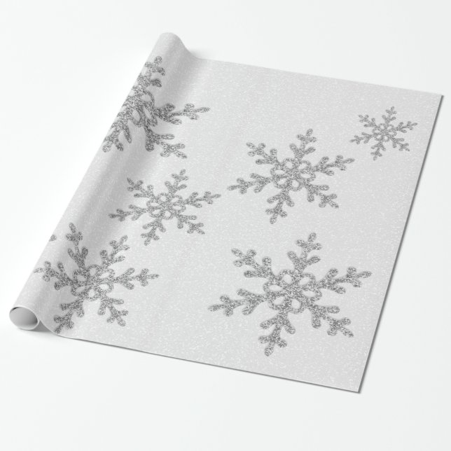 Papel De Presente Elegante Lixo Prateado Flocos de Neve Feriado (Desenrolado)