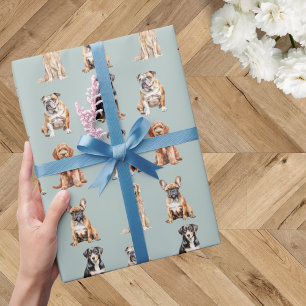 Papel De Presente Elegante Luz Festiva Azul Cachorrinho Aniversário