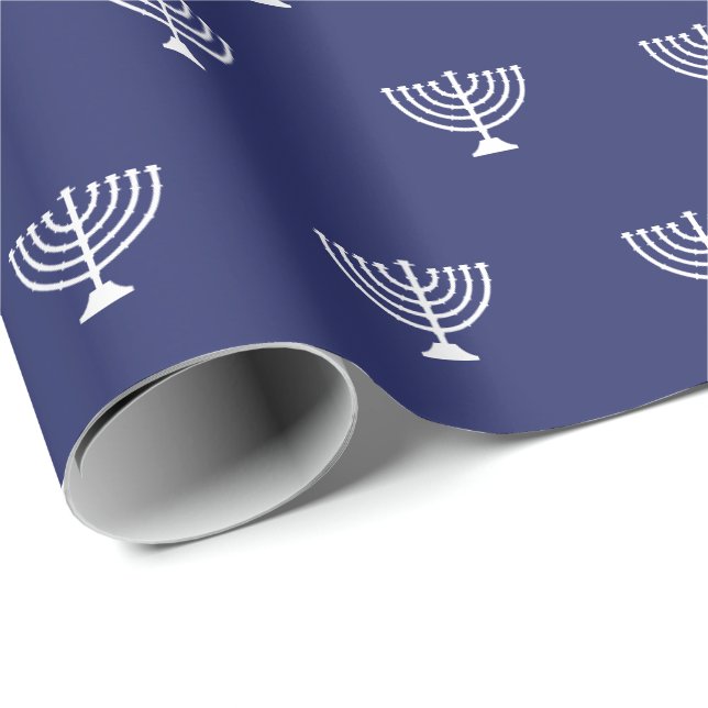 Papel De Presente Elegante marinho azul branco menorah judia (Ponta do rolo)