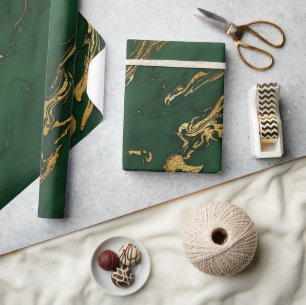Papel De Presente Elegante Mármore Verde e Dourado de Outono