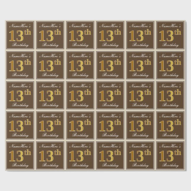Papel De Presente Elegante, Marrom, Falso Dourado Aniversário de 13  (Aberto)
