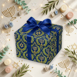 Papel De Presente Elegante Menorá de Hanukkah Azul Dourado