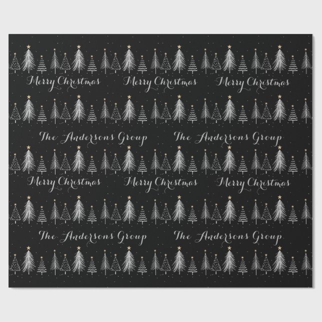 Papel De Presente Elegante Moderno Árvores de Pinheiro Pretas e Bran (Aberto)