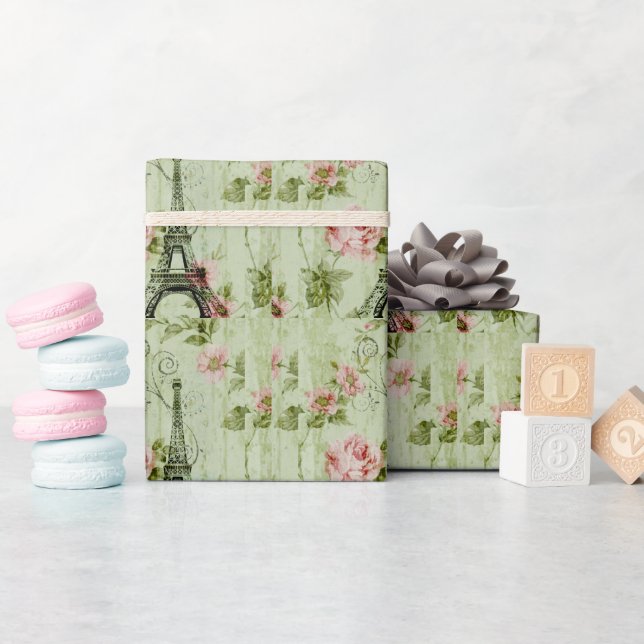 Papel De Presente elegante mola floral rosa primavera paris torre ei (Chá de bebê)