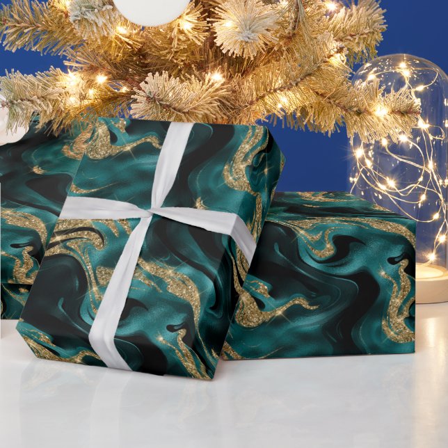 Papel De Presente Elegante Molten Teal e Glitter Dourado Aniversário (Feriados)