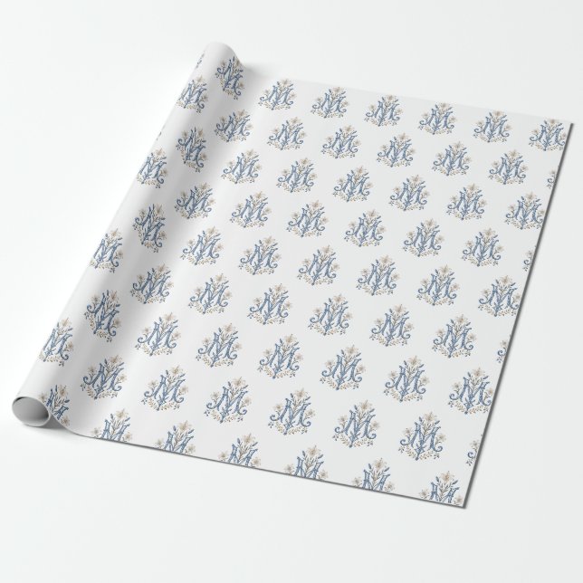 Papel De Presente Elegante Monograma Mariano com Flor-de-Lis Católic (Desenrolado)