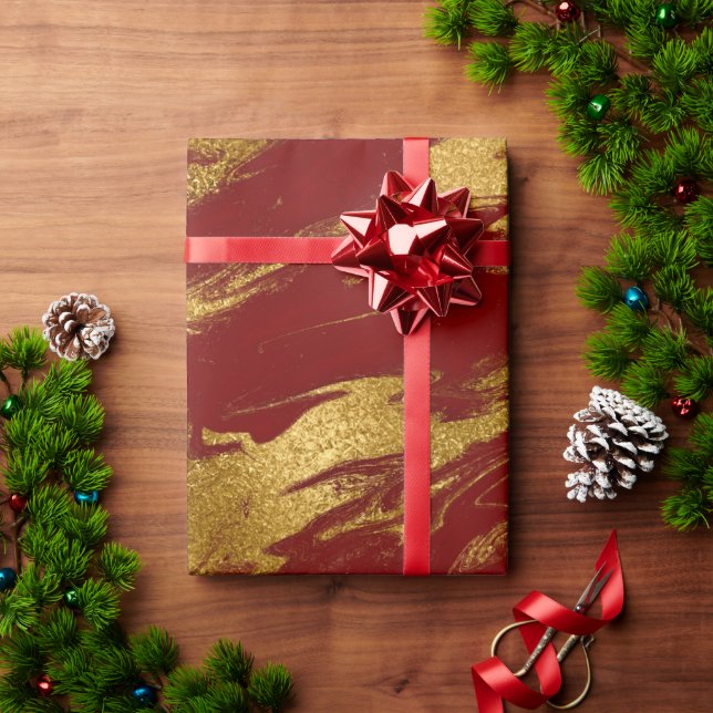 Papel De Presente Elegante na moda de ouro e mármore vermelho (Presente de Natal)