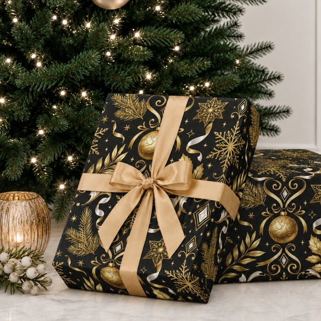 Papel De Presente Elegante Natal em Ouro Preto Festa (elegant black gold snowflake greenery ornaments Christmas holiday wrapping paper )