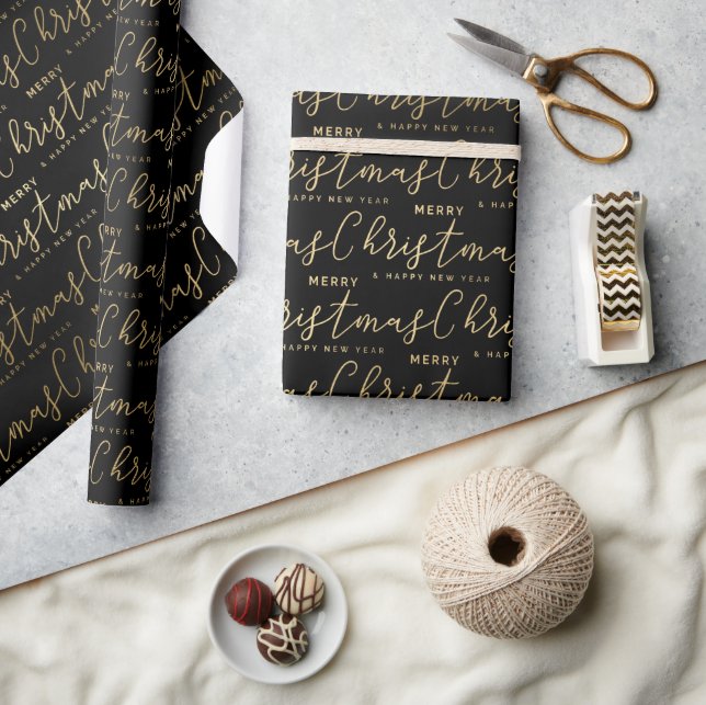 Papel De Presente Elegante Natal Feliz com Letra Preta e Dourada (Artesanato)