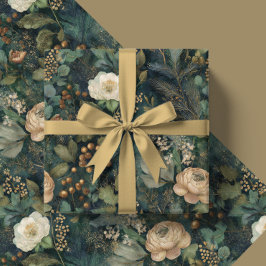 Papel De Presente Elegante Natal Floral Verde e Creme de Inverno