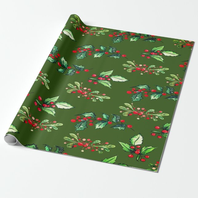 Papel De Presente Elegante Natal Verde Azevinho Frutas Feriado (Desenrolado)