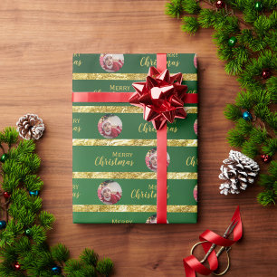 Papel De Presente Elegante Natal Verde e Listras Douradas Foto de Be