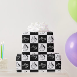 Papel De Presente Elegante Natal Vintage Preto e Branco Santa