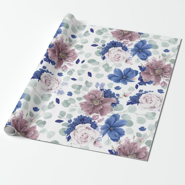 Papel De Presente Elegante oral Botânico Azul-Mauve e Marinho (Desenrolado)