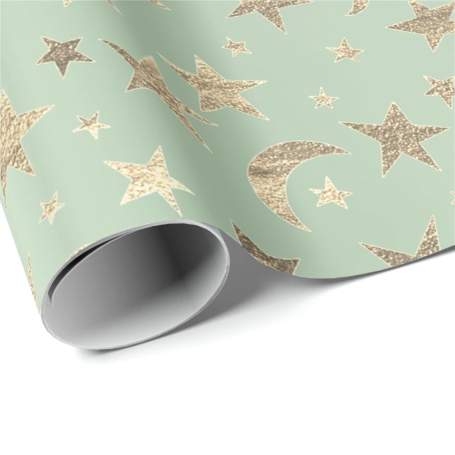 Papel De Presente Elegante Ouro Stars Moon Mint Green Champaigne (Ponta do rolo)